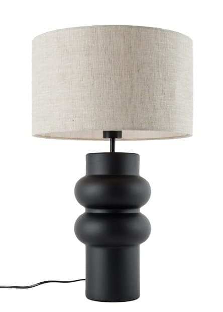 A contemporary table lamp featuring a matte black sculptural base composed of stacked, bulbous organic shapes, topped with a cylindrical light beige linen drum shade. The lamp has a minimalist yet distinctive aesthetic. — 3D model