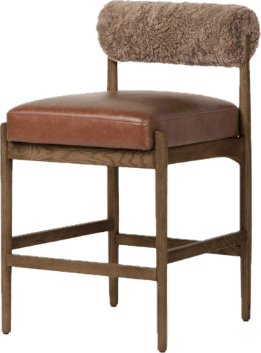 A bar stool with a wooden frame, featuring a brown leather seat cushion and a rounded, furry backres… — 3D model