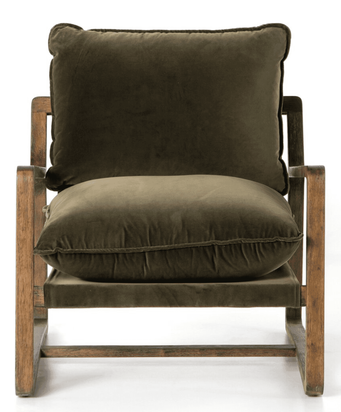 A rustic-style armchair featuring a robust, dark-stained wooden frame with thick, plush olive green… — 3D model