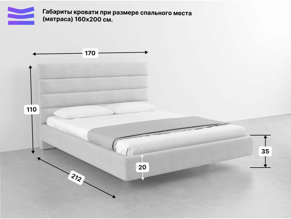 A light gray upholstered platform bed featuring an integrated headboard with horizontal channel tufting. The bed frame is low profile, fully upholstered, and designed to support a mattress directly without a box spring. It is presented with a white mattress, white pillows, and a gray throw blanket. — 3D model