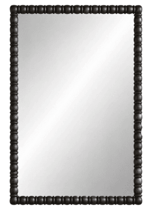 A rectangular mirror with a dark-colored frame. The frame features a decorative pattern of evenly spaced, rounded beads or spheres, giving it a bobbin-turned or spindle-like appearance. — 3D model