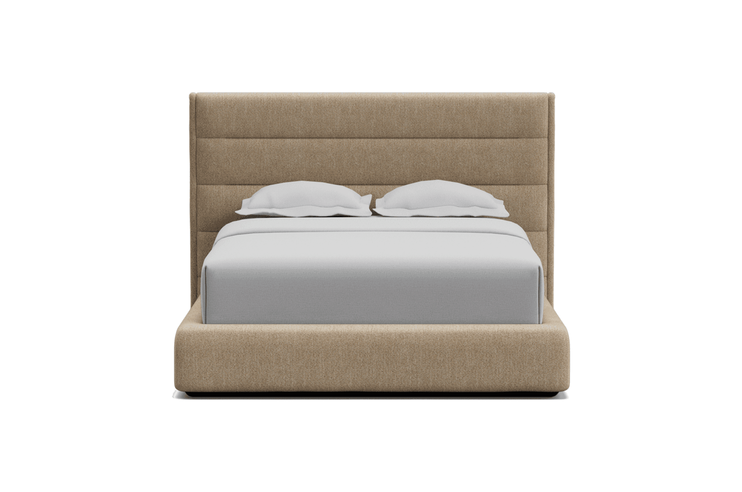 A platform bed with a padded headboard. The headboard features horizontal channel tufting. The bed frame and headboard appear to be upholstered in a light beige or taupe fabric with a subtle texture. The bed is made with crisp, white linens. The platform base is low to the ground. — 3D model