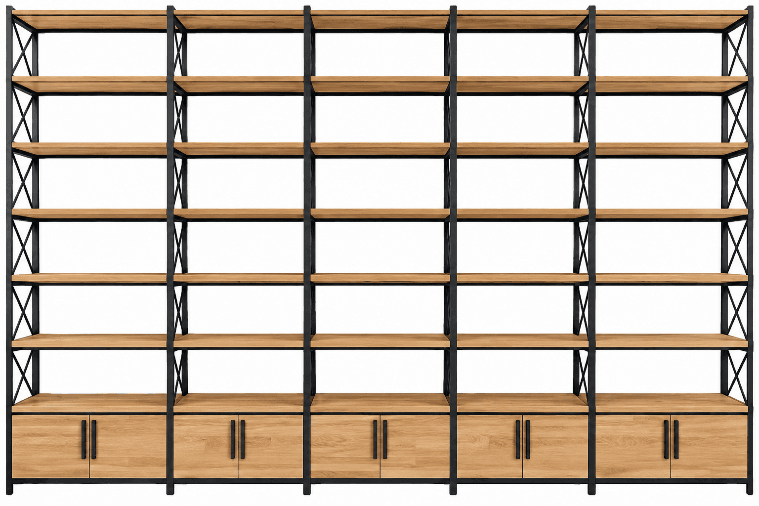 A large, multi-section freestanding shelving unit featuring light-colored wooden shelves and integra… — 3D model