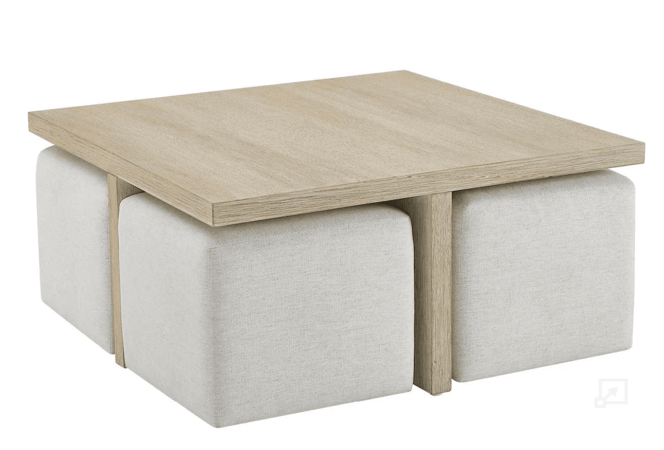 A modern square coffee table with a light wood grain finish, featuring four cube-shaped ottomans upholstered in light-colored fabric that tuck neatly underneath its frame. — 3D model