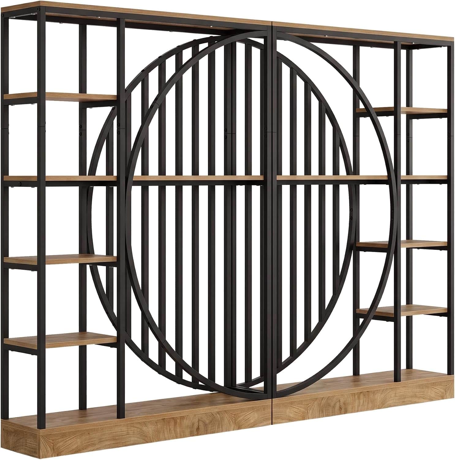 A tall, rectangular freestanding shelving unit featuring a black metal frame and light wood-tone she… — free BLEND 3D model