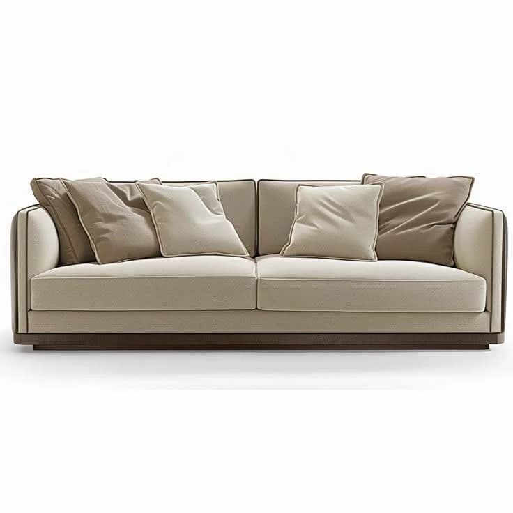 A modern two-seater sofa upholstered in cream fabric, featuring a dark wood plinth base and multiple throw pillows. The design is contemporary with clean lines and subtle piping details. — 3D model