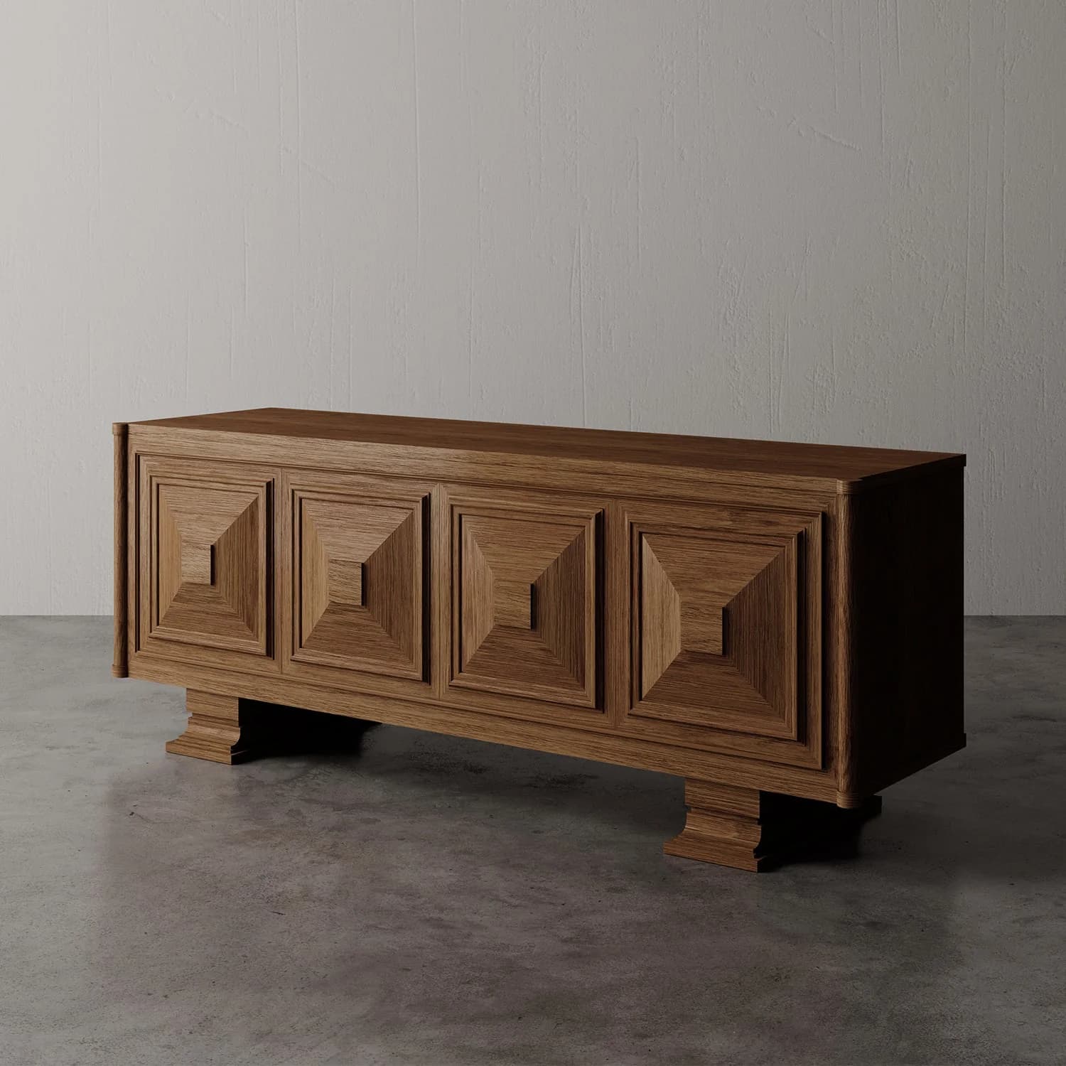 A long, low, rectangular wooden sideboard or credenza featuring four cabinet doors with distinctive geometric, pyramidal relief carvings, supported by wide plinth-style feet. — 3D model