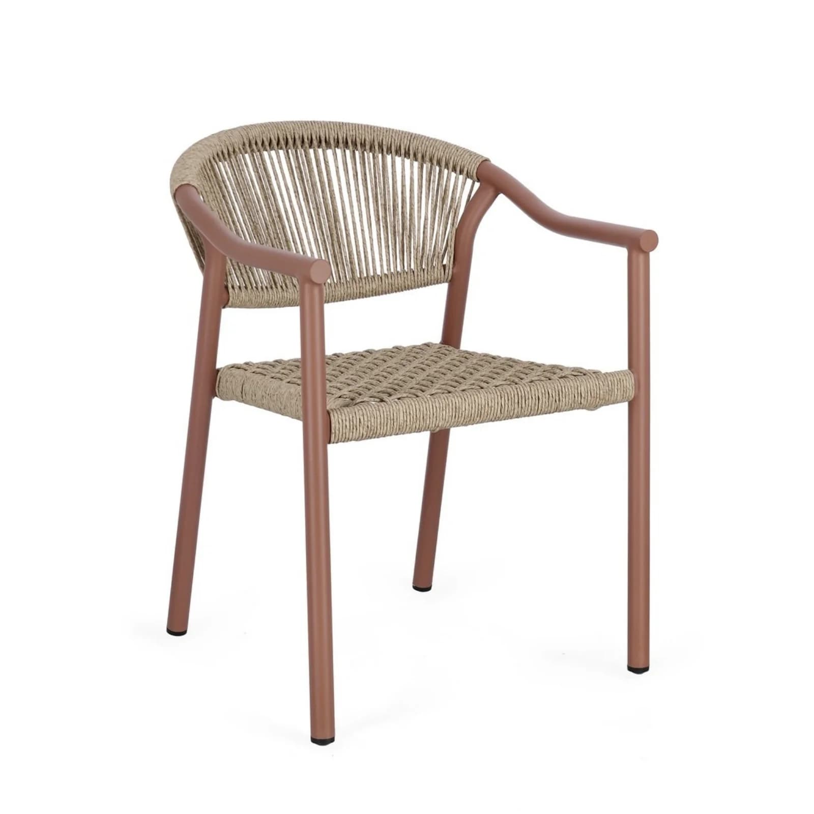 This is a contemporary armchair featuring a powder-coated metal frame and woven rope seat and backrest. The frame is a reddish-brown (terracotta) color, while the woven elements are a natural beige. The backrest consists of vertical rope strands, and the seat is tightly woven in a grid pattern. It has sturdy cylindrical legs and integrated armrests. — 3D model