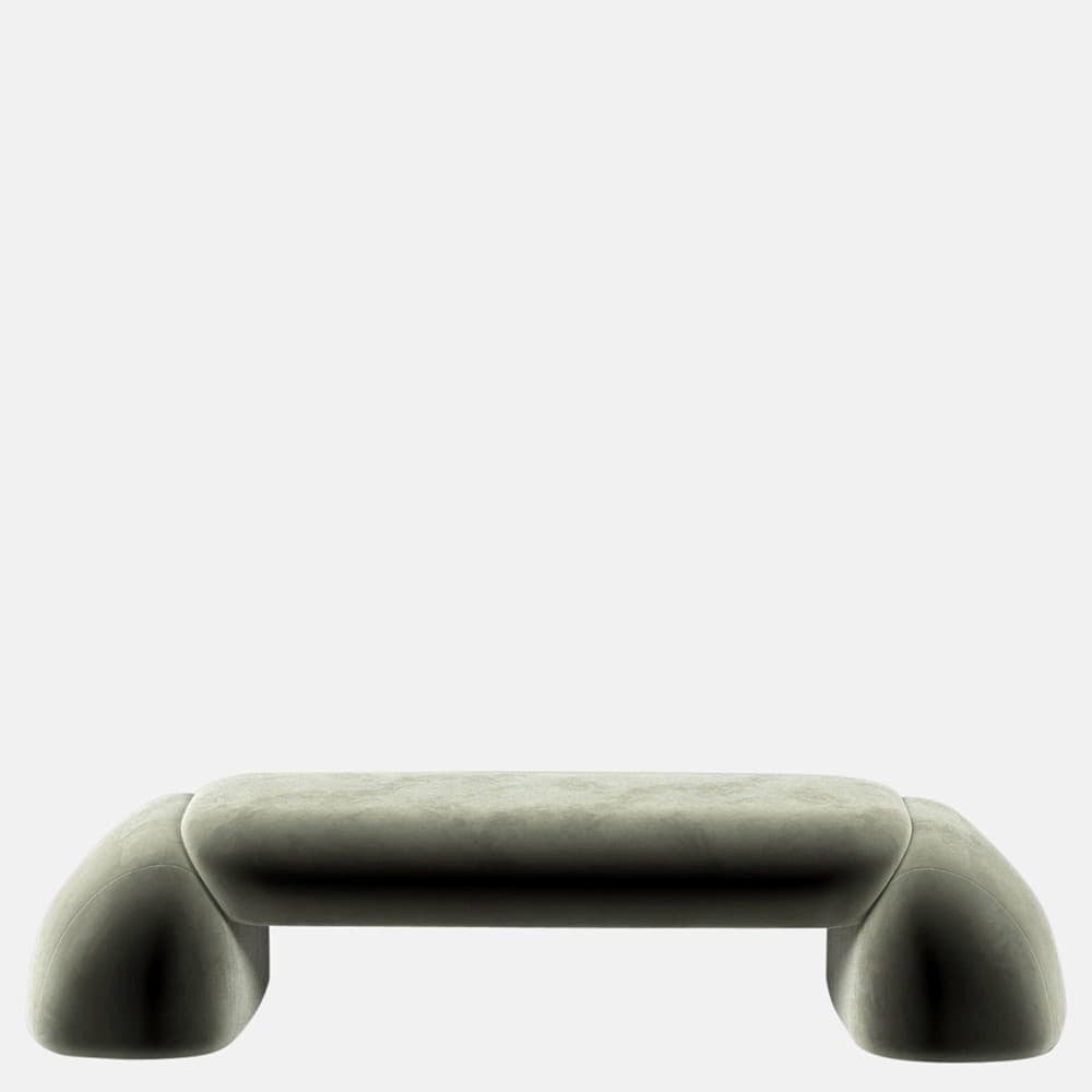 A contemporary bench with a minimalist design. It features a rectangular, upholstered seat with rounded edges, supported by two curved, substantial leg structures that extend from the sides, creating a unified, organic form. The upholstery appears to be a soft fabric. — 3D model