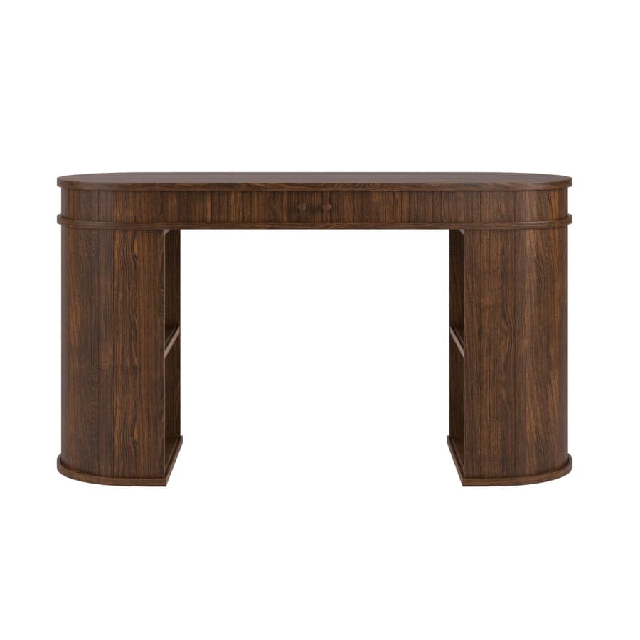 A dark brown wood veneer console desk with a rounded, oval-shaped tabletop. It features a single central drawer with a reeded or fluted front panel and a small round knob. The desk is supported by two solid, curved side panels that extend to the floor, each incorporating open shelving units on the interior side, creating a functional and aesthetically cohesive design. The wood grain is distinctly visible throughout the piece. — 3D model