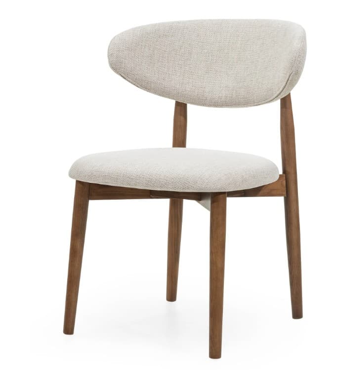 A modern upholstered chair with a curved backrest and a seat upholstered in a light-colored textured fabric. The frame and legs are made of wood, presenting a natural finish. The design features a contemporary aesthetic. — 3D model