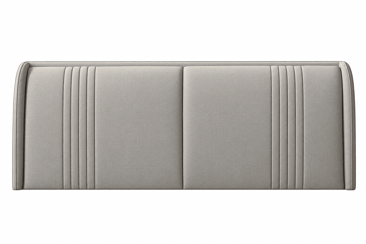 A modern upholstered headboard featuring a light neutral greige fabric, with distinct vertical channel tufting on the outer sections and two smooth central panels. The design includes subtly curved or winged sides, finished with a clean piped edge. — 3D model