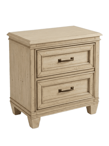 A small, rectangular wooden nightstand featuring two drawers, a distressed cream finish, and dark metal bar handles. It has decorative molding on the top and around the drawer fronts, resting on short, tapered block feet. — 3D model