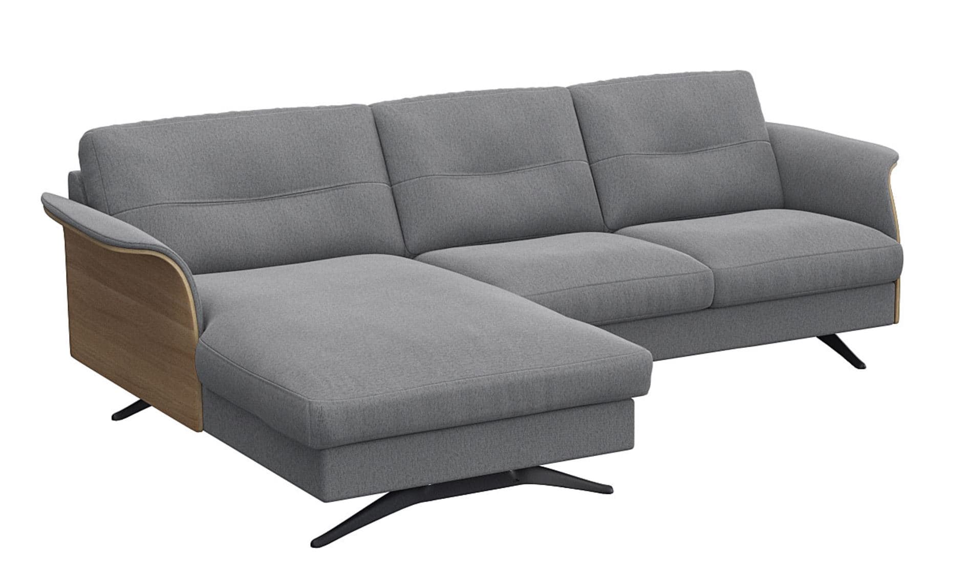 A sectional sofa with a chaise lounge extension. The sofa features a grey fabric upholstery with subtle horizontal stitching on the back cushions. It has a modern design with wooden accents on the arms and a unique metal base with curved legs. The sectional configuration includes a corner piece or a chaise extending from the main sofa body. — 3D model
