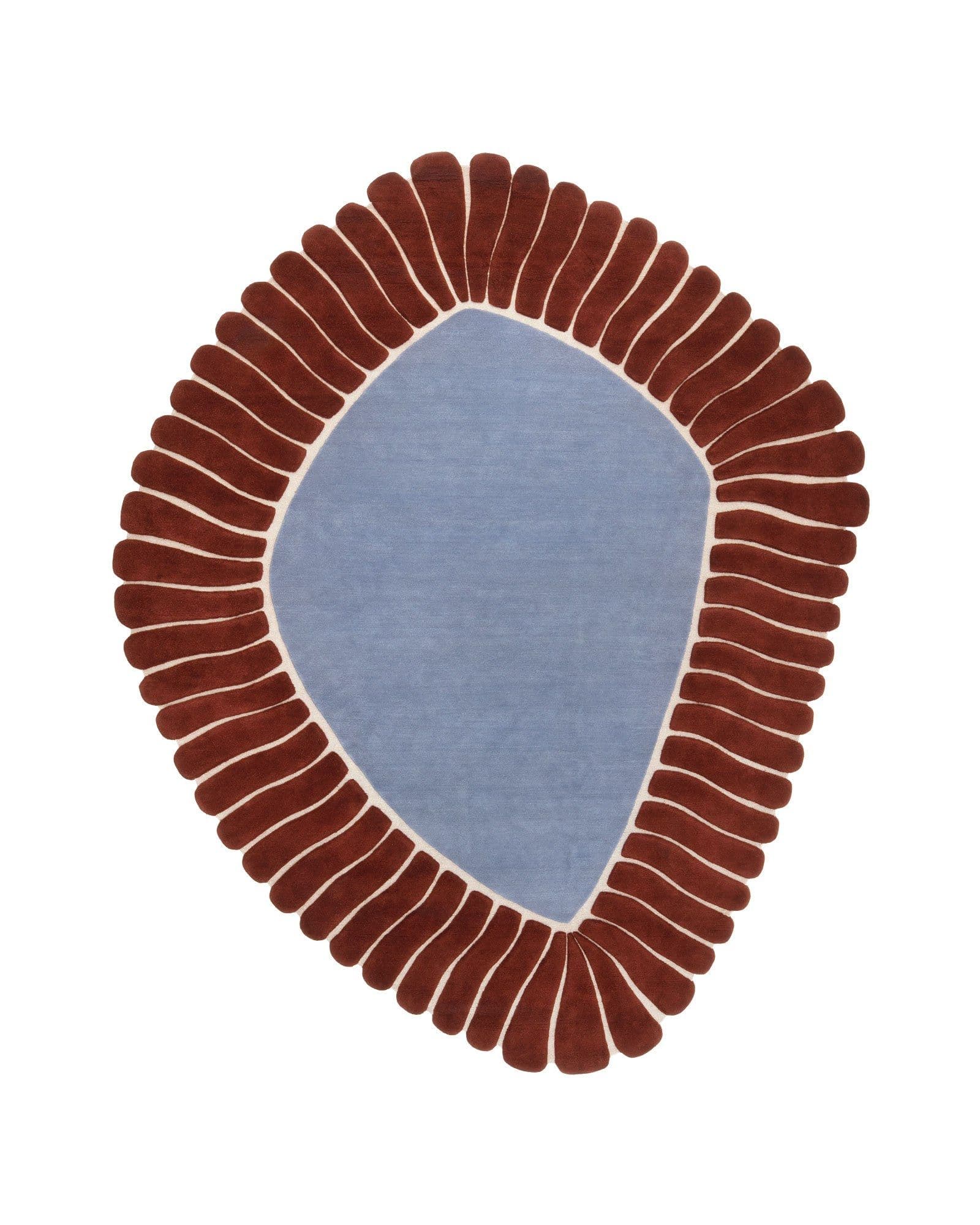 A rug with an abstract, organic design. The central area is a solid, light blue color. It is bordered by a band of rust-colored, petal-like shapes, each separated by a thin white line. The overall shape is irregular, resembling a rounded diamond or a stylized flower. — 3D model