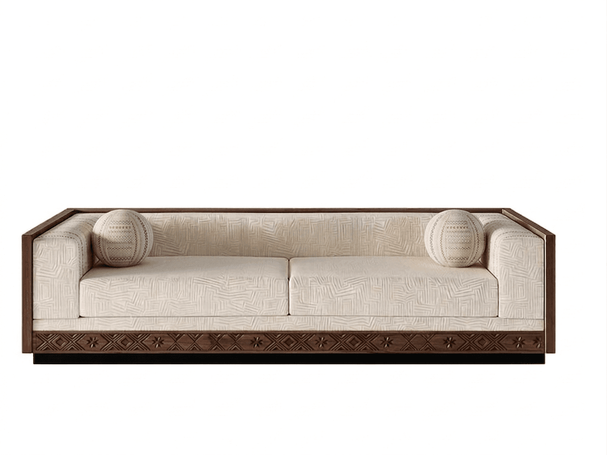 A modern sofa with clean lines and a distinctive wooden frame. The upholstery is a light, neutral fabric with a subtle geometric pattern. It features two seat cushions and two bolster pillows, also upholstered in the same patterned fabric. The base of the sofa has a decorative band with an intricate dark pattern, contrasting with the lighter upholstery and the warm wood frame. — 3D model