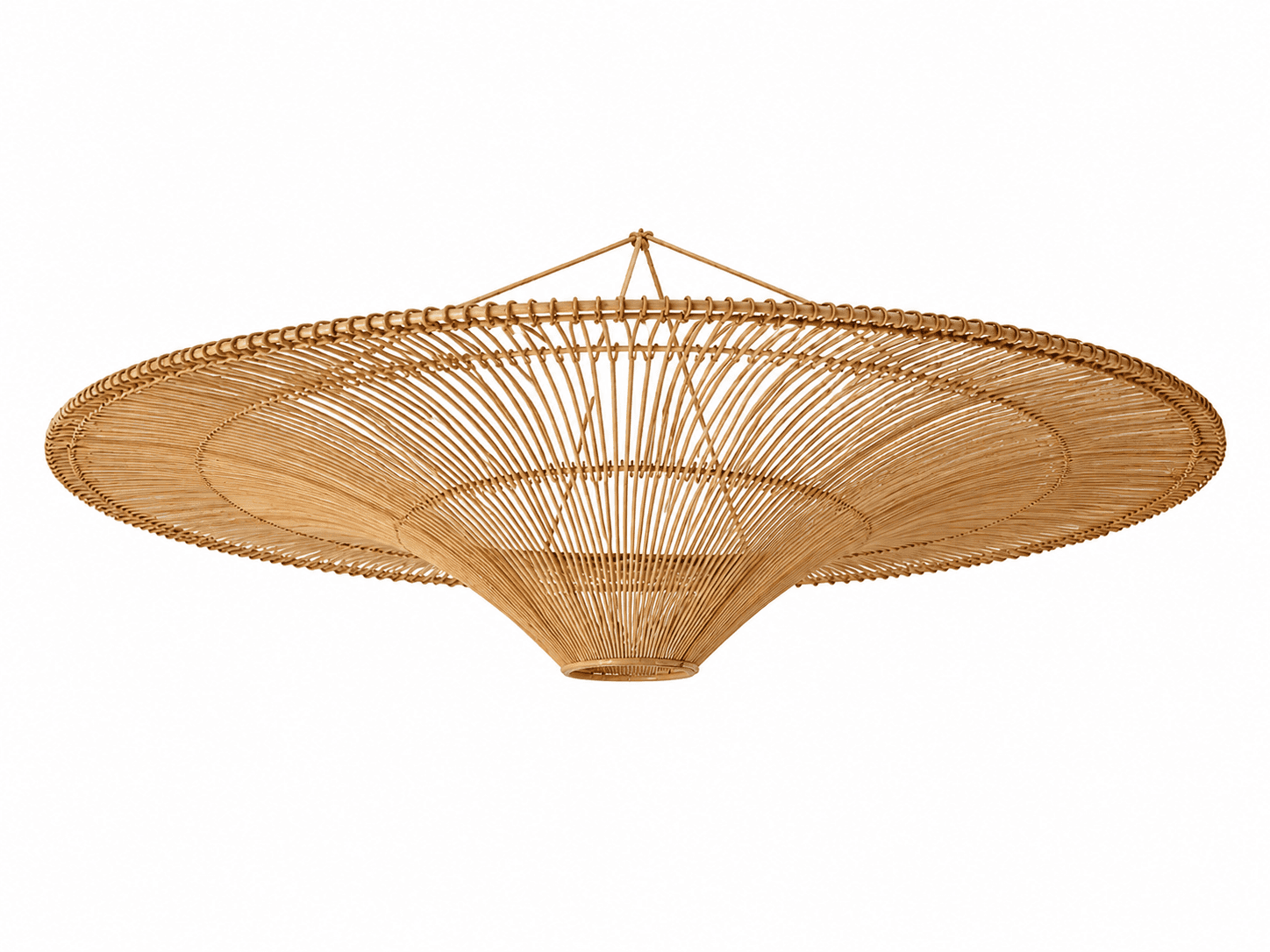 A natural woven rattan pendant light featuring a wide, flat brim that tapers down into a conical, op… — 3D model