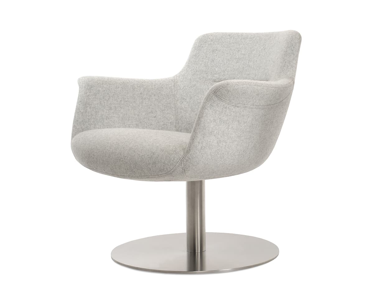 A modern upholstered chair in light grey fabric, featuring a comfortable bucket seat with integrated armrests and supported by a brushed metal swivel pedestal base. — 3D model