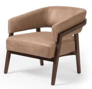 A modern armchair with a curved back and upholstered seat and back. The frame and armrests are constructed from dark wood, providing a contrast to the light-colored upholstery. — 3D model