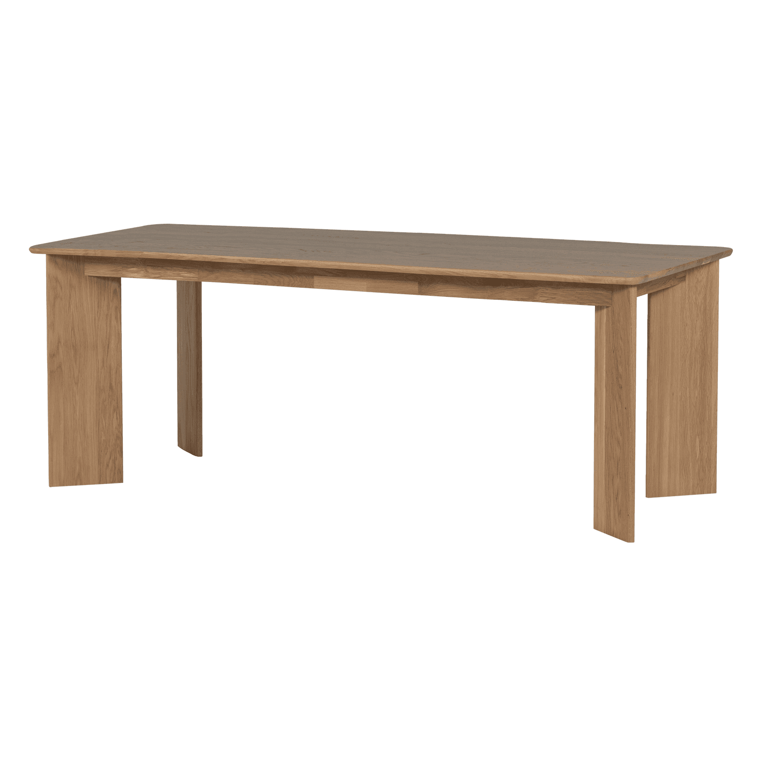 A rectangular dining table constructed from light-toned solid wood, likely oak, featuring a thick tabletop with softly rounded edges and substantial panel-style legs at each end. The design emphasizes clean lines and robust construction. — 3D model