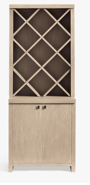 A tall, two-part wooden cabinet designed for beverage storage. The upper section features an open wi… — 3D model