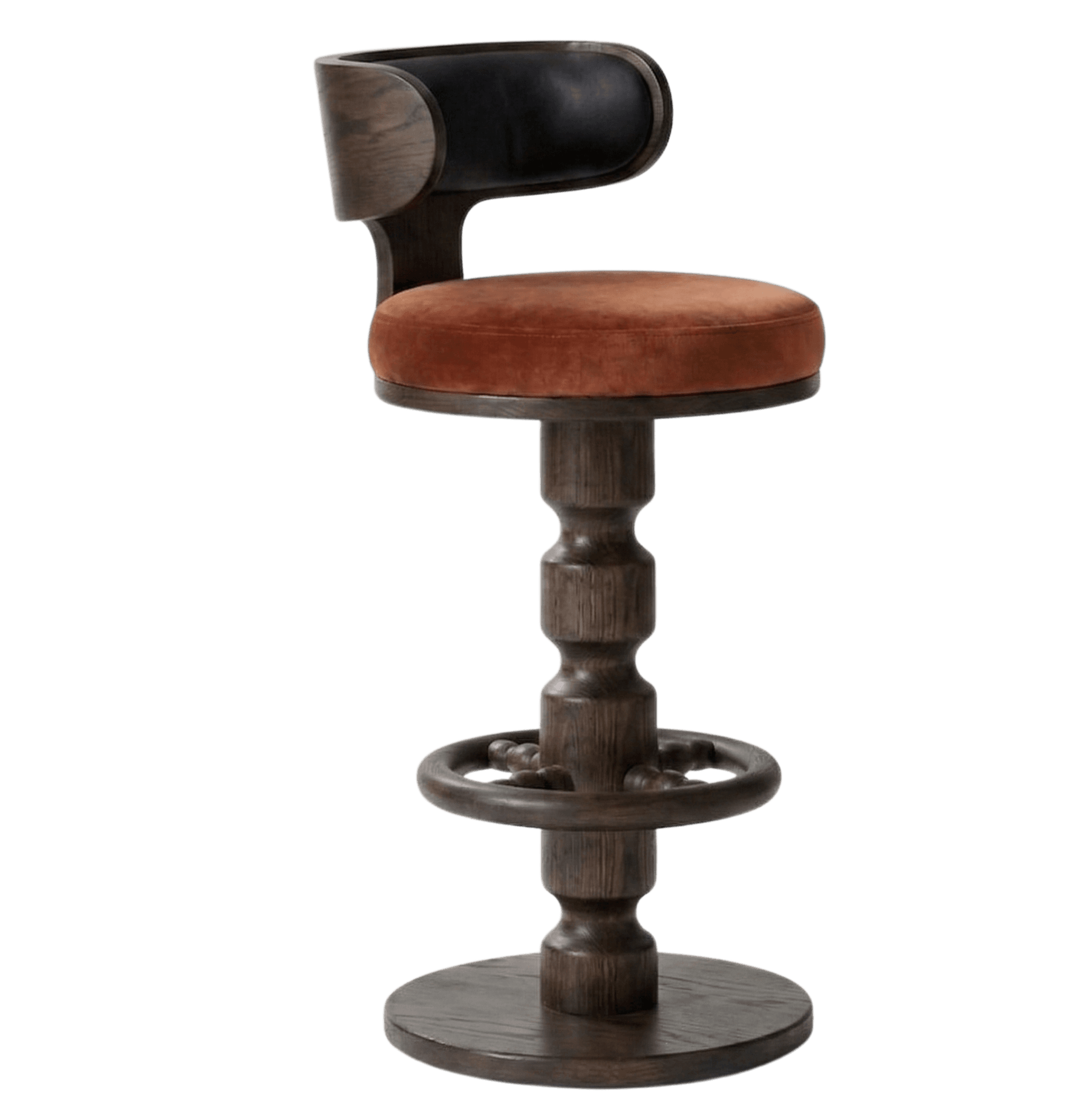 A dark wood bar stool with a circular, upholstered seat and a curved backrest. The base of the stool features a ring-shaped footrest and decorative turned wood elements. The seat is upholstered in a rust-colored velvet-like fabric, and the backrest has a black upholstered section. — 3D model