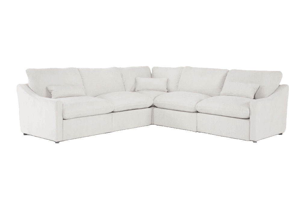 An off-white, L-shaped sectional sofa with plush, deep cushions and a minimalist contemporary design, suitable for spacious living areas. — 3D model