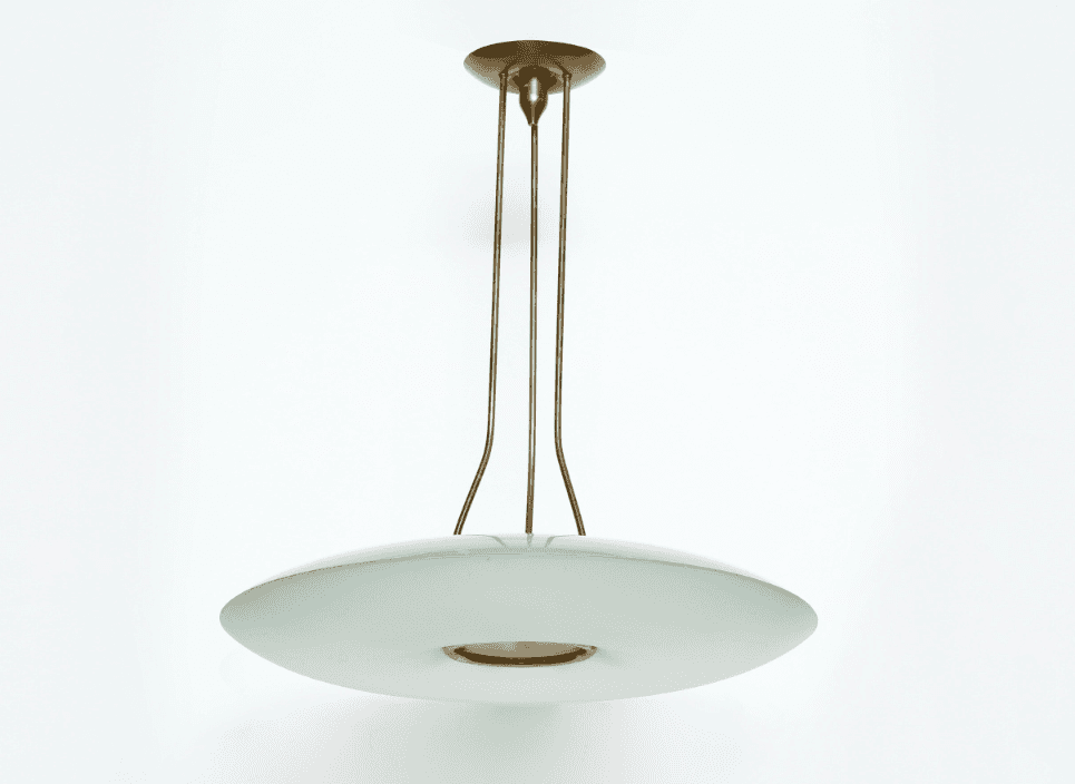 A modern pendant light featuring a wide, shallow, frosted glass diffuser suspended by sleek brass ro… — 3D model