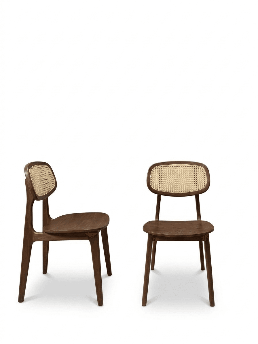 A dark-stained wooden dining chair featuring a rounded cane webbing backrest and a sculpted wooden seat, supported by four tapered legs. Its design evokes a mid-century modern aesthetic with clean lines and organic curves. — 3D model