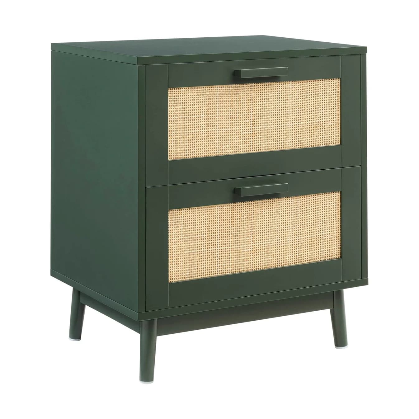 A dark green dresser with two drawers, each featuring a cane webbing insert. The dresser has a rectangular top, straight sides, and stands on four tapered legs. The drawer fronts have integrated, minimalist handles. — 3D model