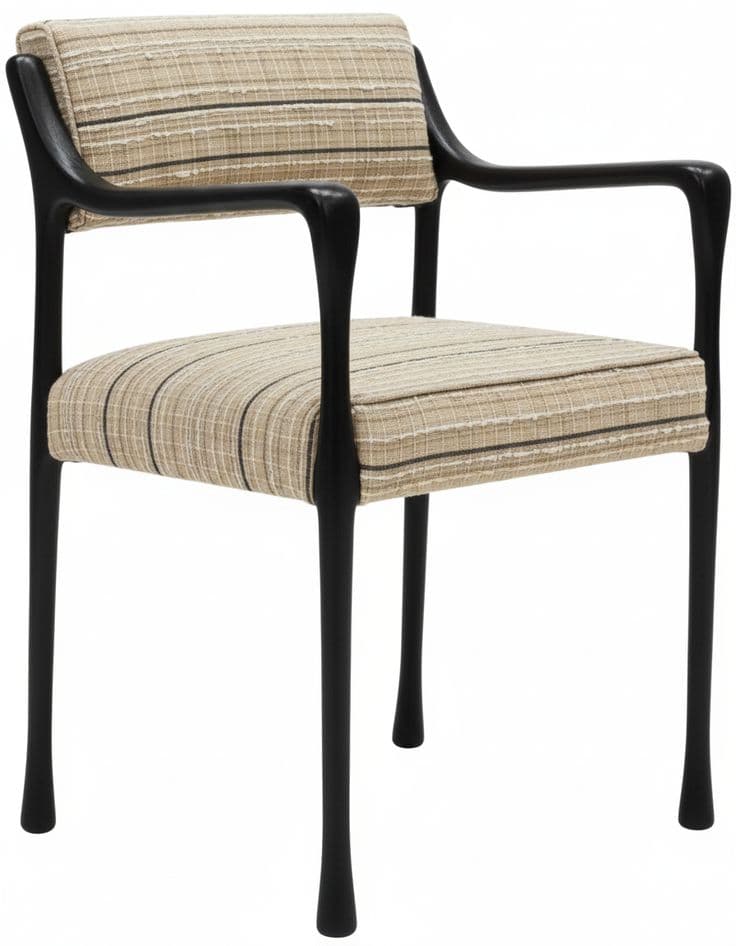 A chair with a wooden frame and upholstered seat and back. The frame is black and has a sculptural, curved design for the arms and legs. The upholstery features a striped pattern in neutral tones of beige and brown with thin black and white lines. — 3D model