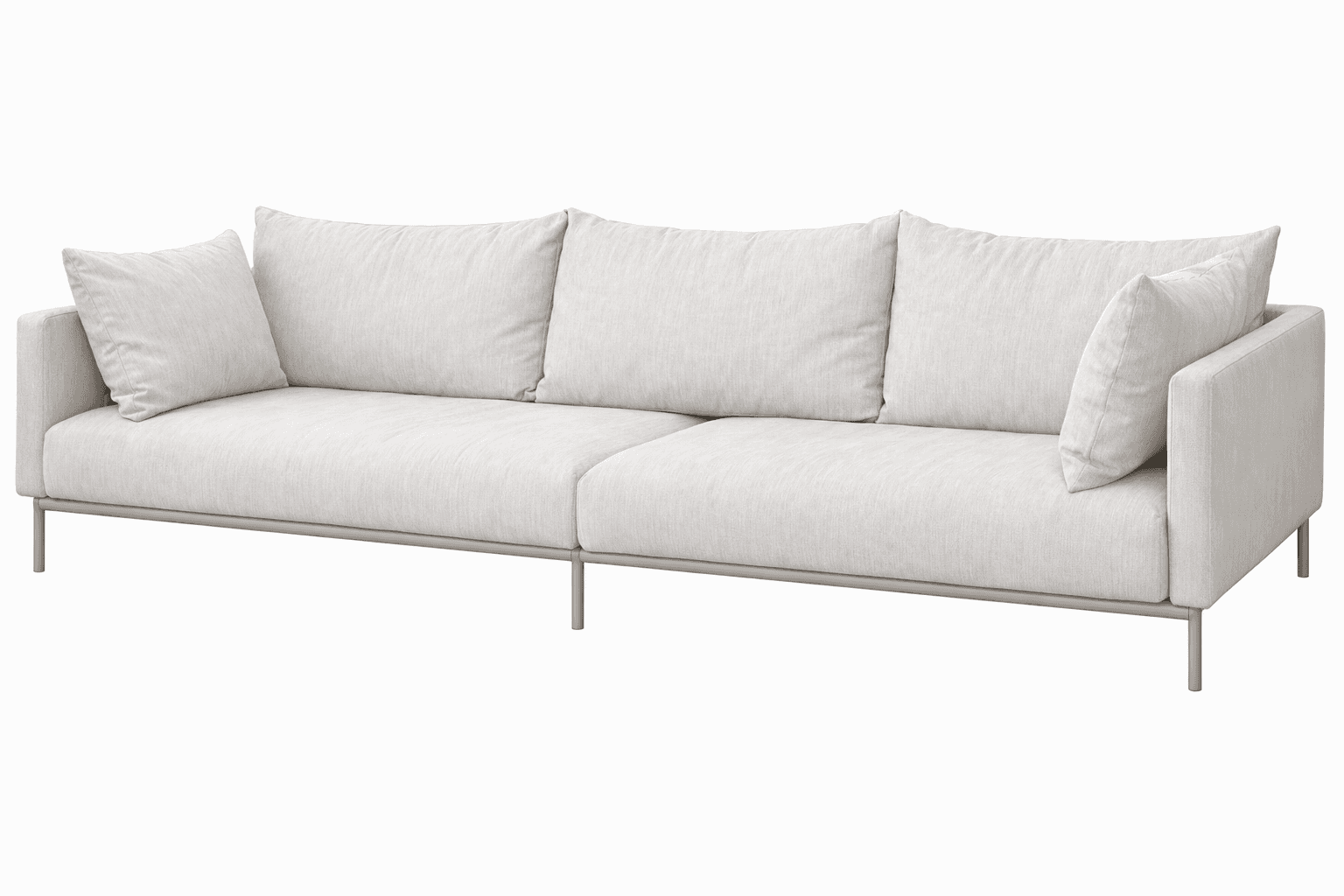 A modern, three-cushion sofa with a light-colored, textured fabric upholstery. It features a low profile and slender, metallic legs. The back cushions are plush and rectangular, while the seat is a continuous surface. One corner cushion is angled, suggesting it might be an accent or a left-armrest cushion. — 3D model