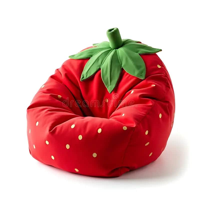 A vibrant red bean bag chair designed to resemble a strawberry, complete with green leaves and a ste… — 3D model