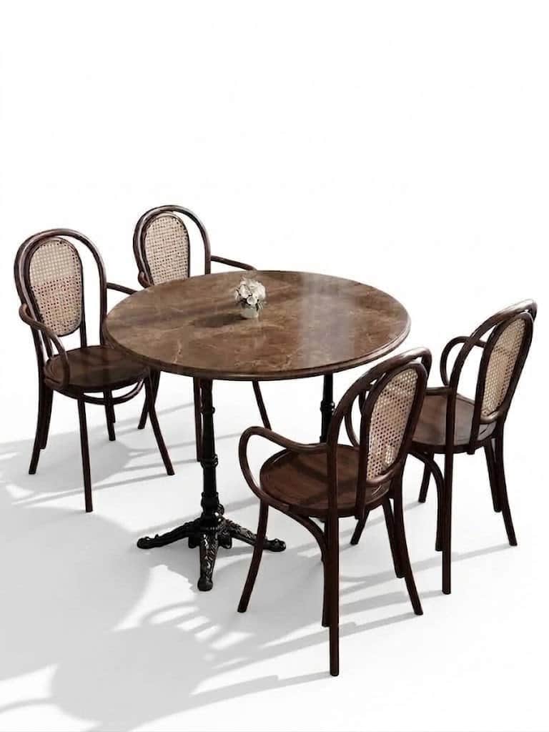 A classic style dining set featuring a round table with a dark brown marble top and a black cast iro… — 3D model