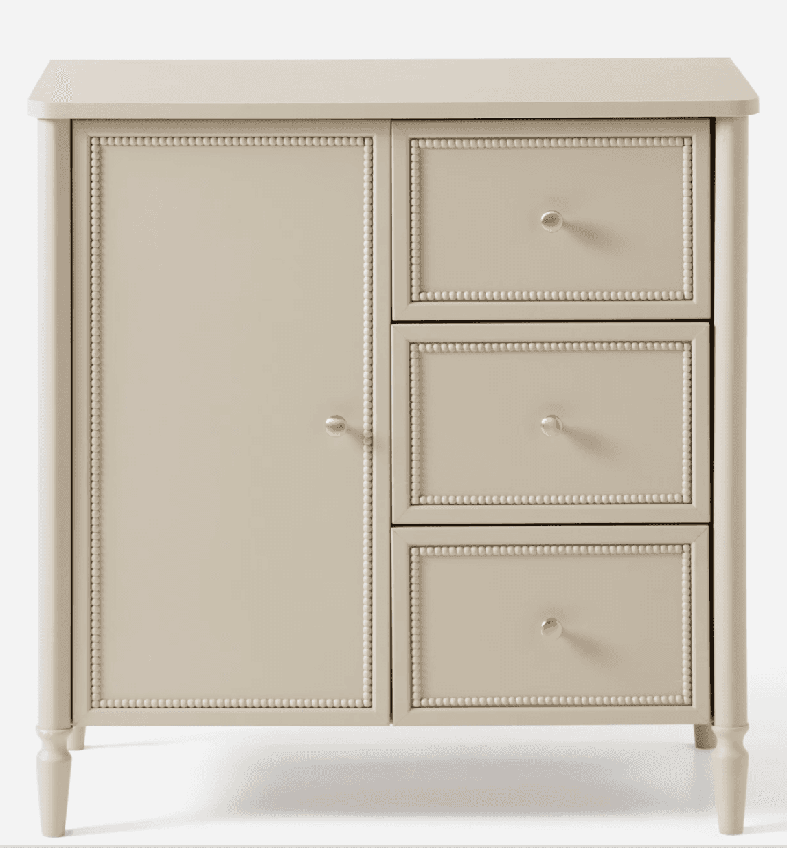 A compact, light beige storage unit featuring a cabinet door on the left and three stacked drawers o… — 3D model