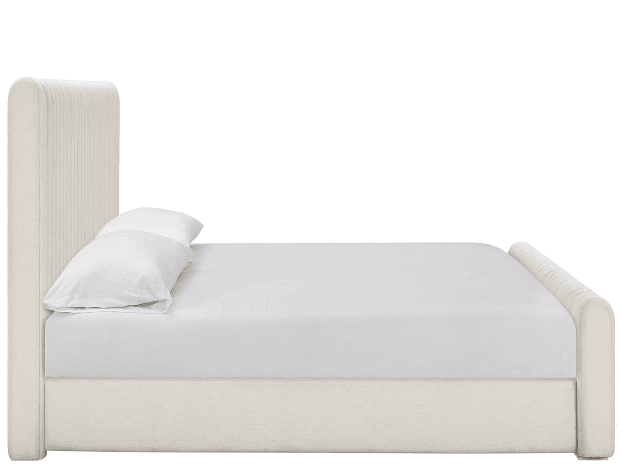 A contemporary upholstered platform bed featuring a tall headboard and a lower footboard, both distinguished by vertical channel tufting. The entire bed frame, including the side rails, is upholstered in a light beige, textured fabric. The design integrates a platform for mattress support, eliminating the need for a box spring. The headboard has subtly rounded upper corners, and the footboard continues the channel-tufted pattern. — 3D model