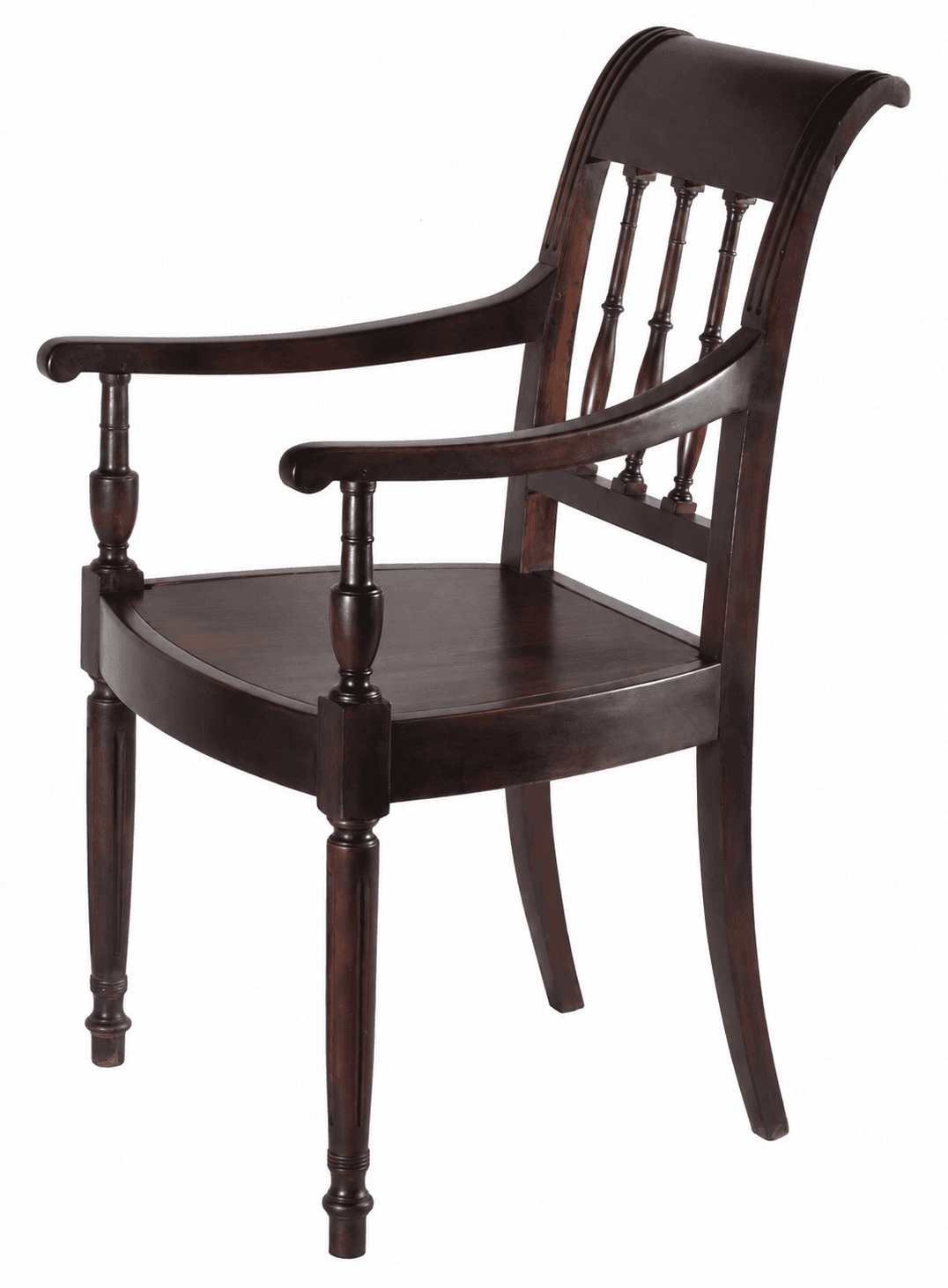 A traditional style armchair constructed from dark stained wood, featuring a curved spindle backrest, gently curved arms, and turned legs. The seat is solid wood with a subtle saddle-like contour. — 3D model