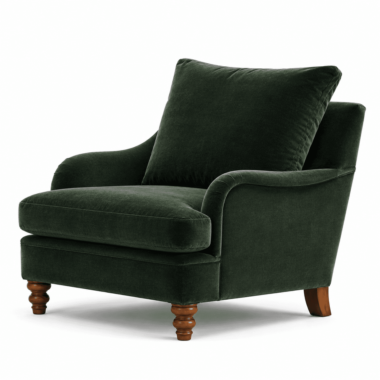A deep green armchair upholstered in velvet fabric. The armchair features a high back, supportive armrests, and a plush seat cushion. It is complemented by a loose back pillow for added comfort. The piece stands on four turned wooden legs. — 3D model