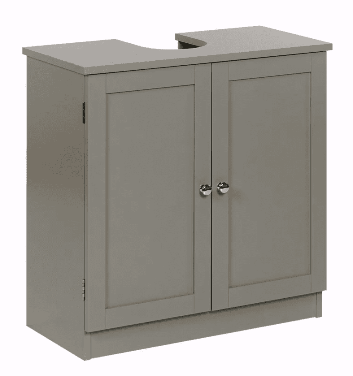 A gray two-door bathroom vanity cabinet base with a clean, contemporary design, featuring chrome rou… — 3D model