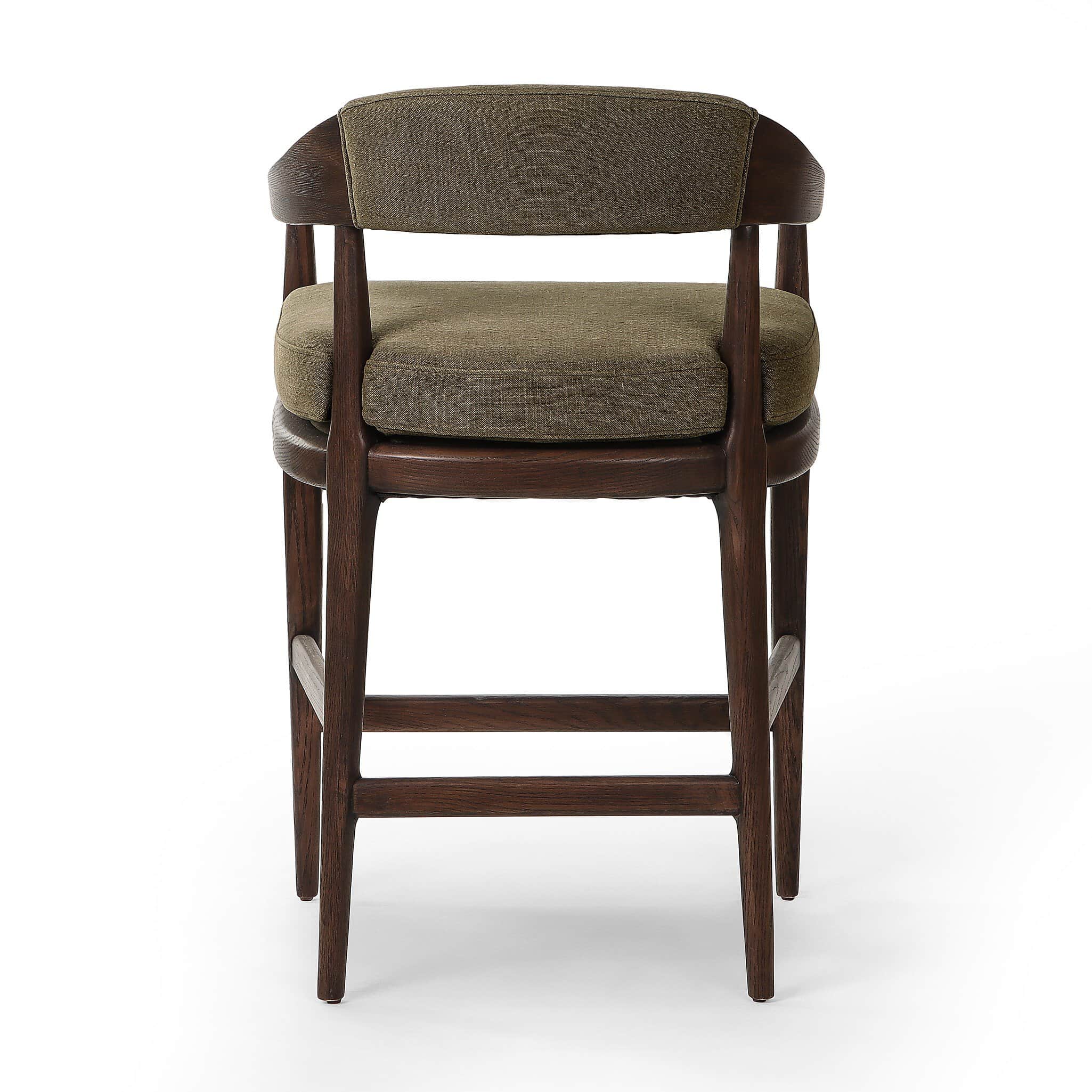 A bar stool with a wooden frame and upholstered seat and backrest. The frame is constructed from dar… — 3D model