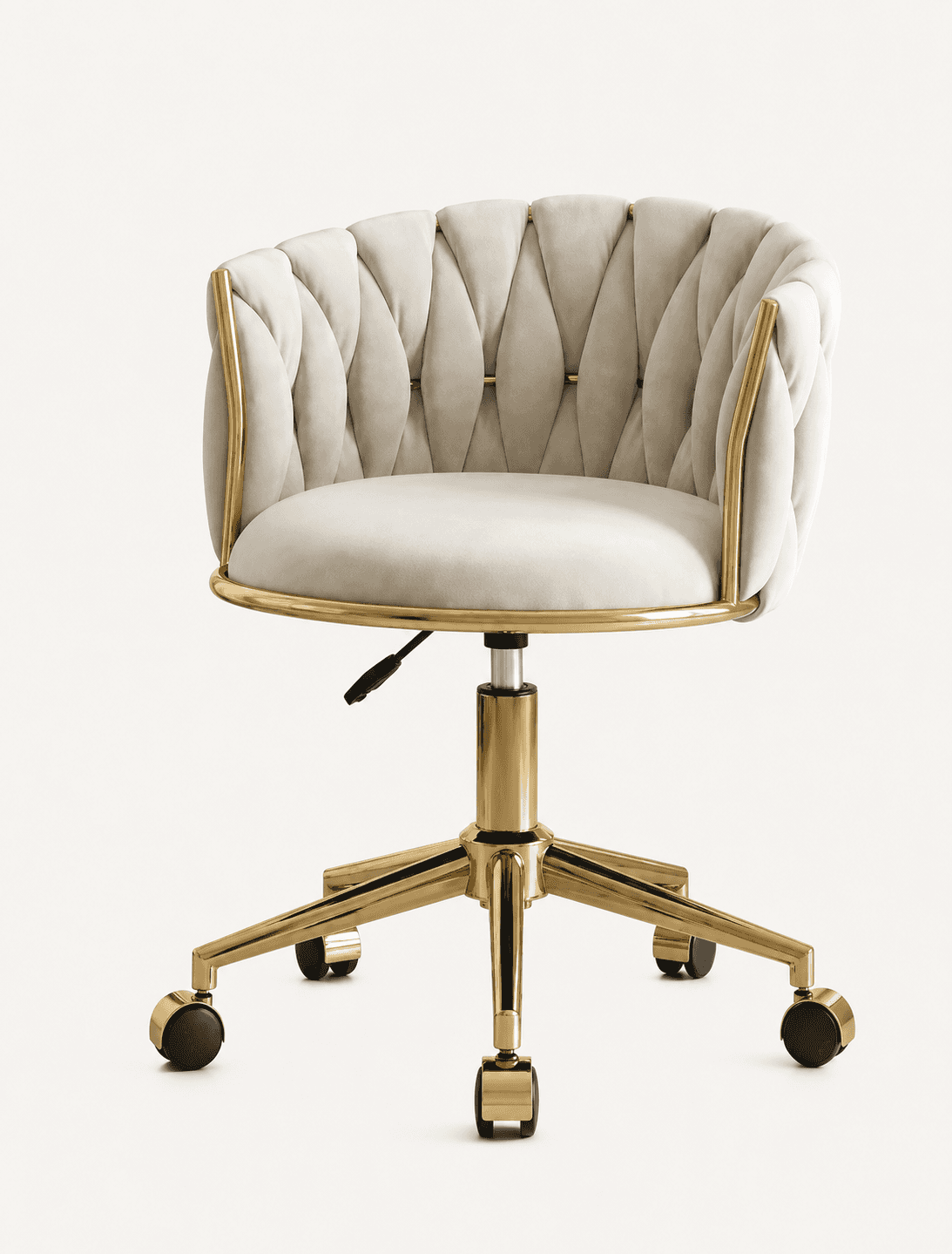 A cream-colored, channel-tufted swivel office chair with a luxurious velvet-like upholstery and a st… — 3D model