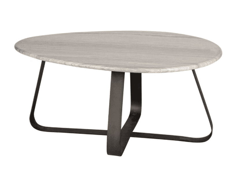 A coffee table with an irregularly shaped, oval or freeform top and a dark metal base. The top exhib… — 3D model