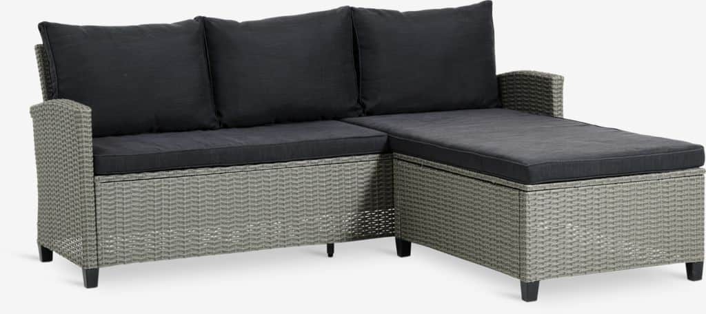 A contemporary outdoor sectional sofa constructed from grey synthetic wicker, featuring dark grey se… — free SKP 3D model