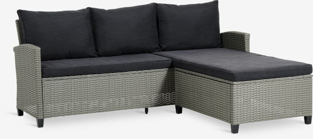 A contemporary outdoor sectional sofa constructed from grey synthetic wicker, featuring dark grey seat and back cushions, and an integrated right-hand facing chaise lounge. — 3D model