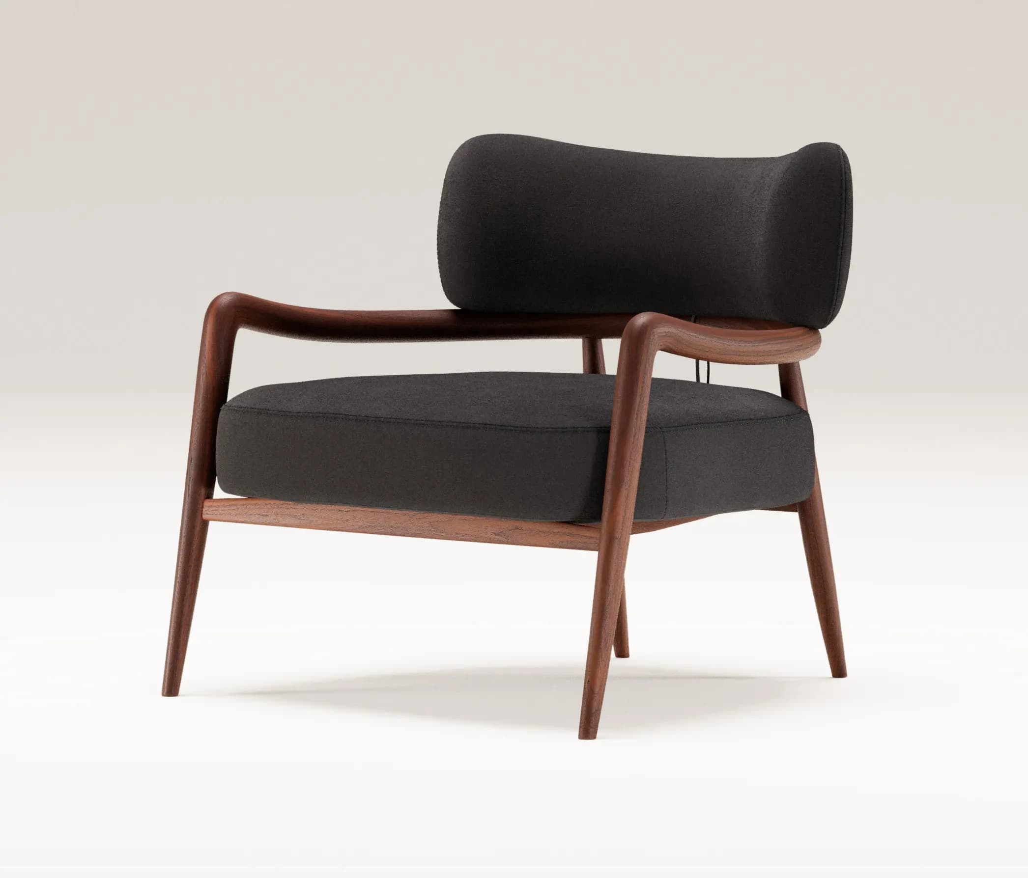 A modern upholstered armchair featuring a solid dark wood frame and dark grey fabric cushions. The frame has gracefully curved armrests that flow into the rear supports, and the legs are tapered. The backrest is distinctively curved and appears to float above the seat, contributing to a sleek and minimalist aesthetic. — 3D model