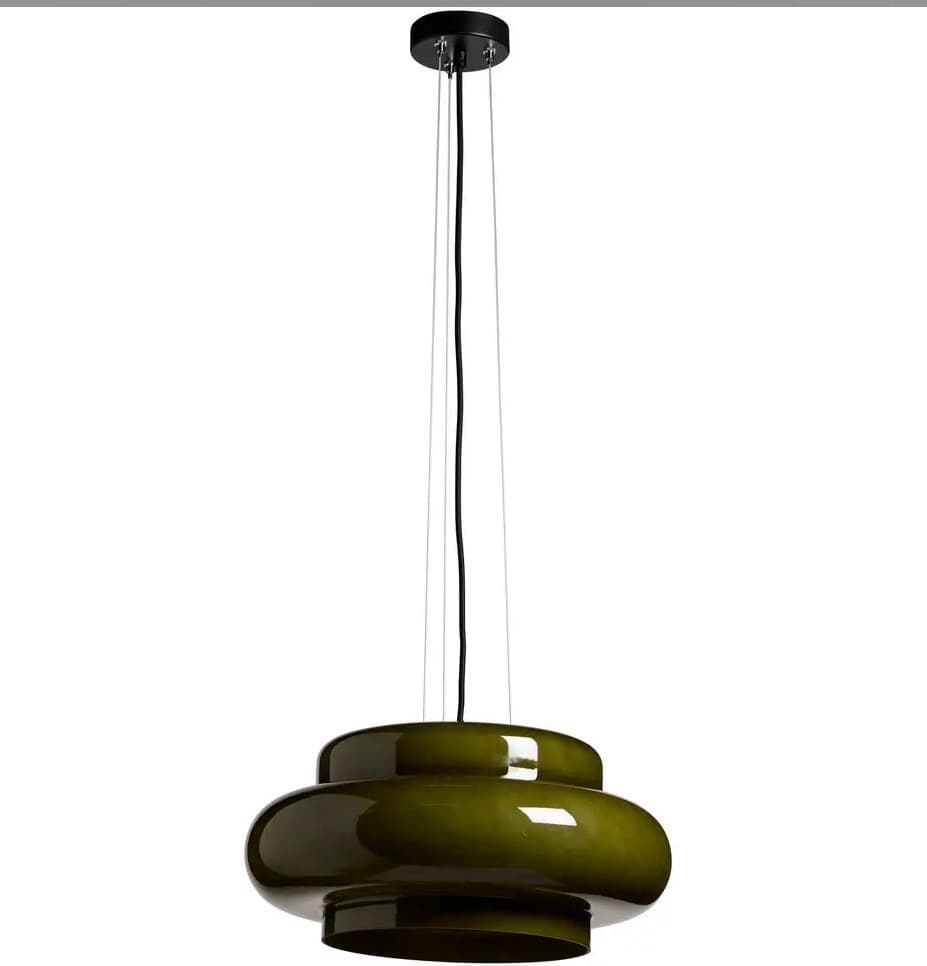 A striking dark green pendant lamp featuring a multi-tiered, rounded, and organic-shaped shade, suspended from a black ceiling canopy by a power cord and thin support wires. The glossy finish suggests a glass or high-quality plastic construction. — 3D model