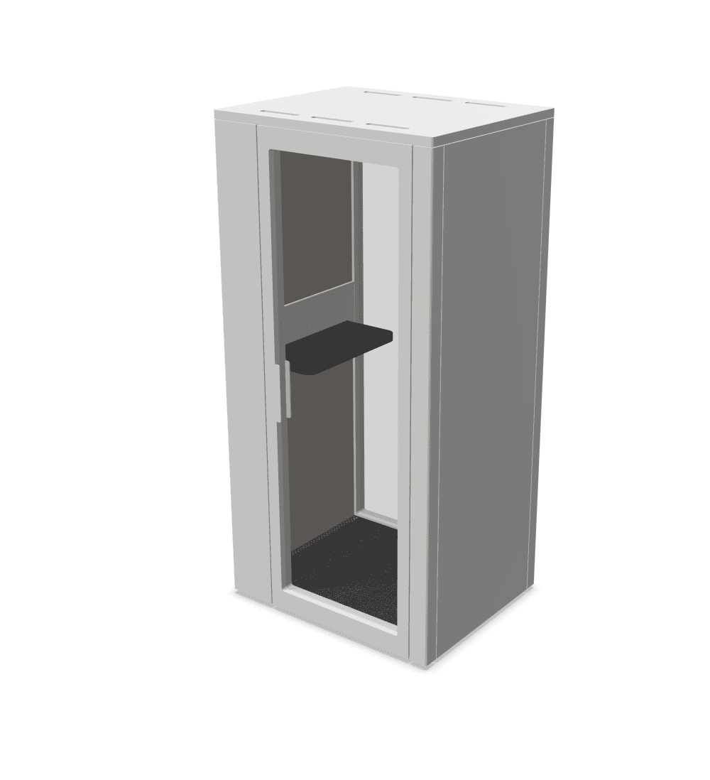 A compact, freestanding booth with a modern, minimalist design. It features a glazed front panel for… — 3D model