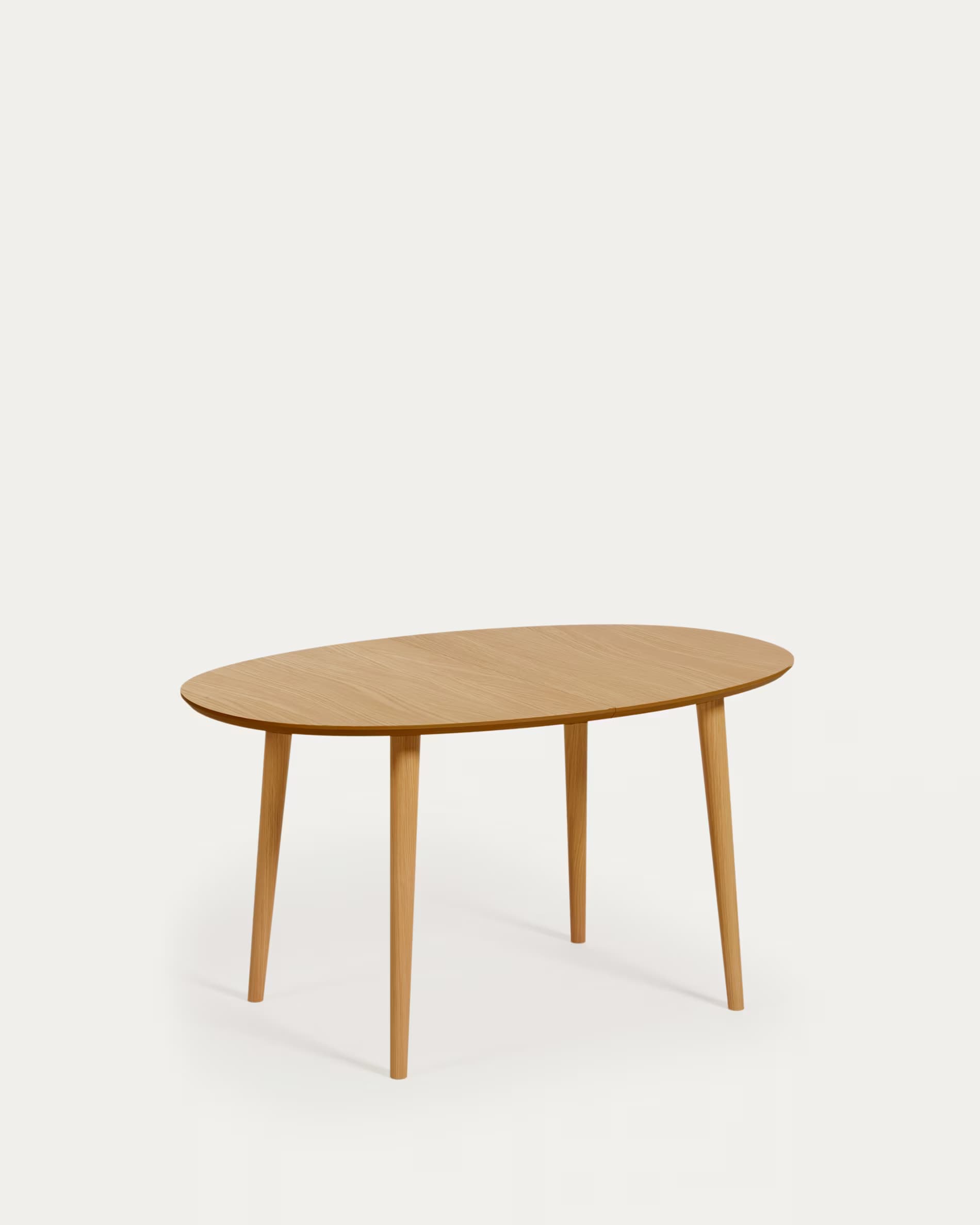 An oval-shaped coffee table featuring a light-toned wooden top and four slender, splayed, tapered legs. The table exhibits a clean, minimalist design typical of mid-century modern or Scandinavian aesthetics, suitable for a contemporary living space. — 3D model