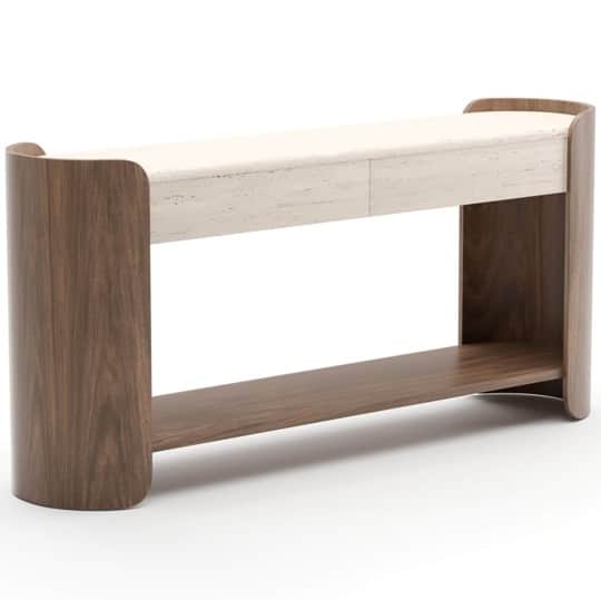 A modern and minimalist bench featuring a dark wood frame with rounded, curved ends, supporting a li… — 3D model