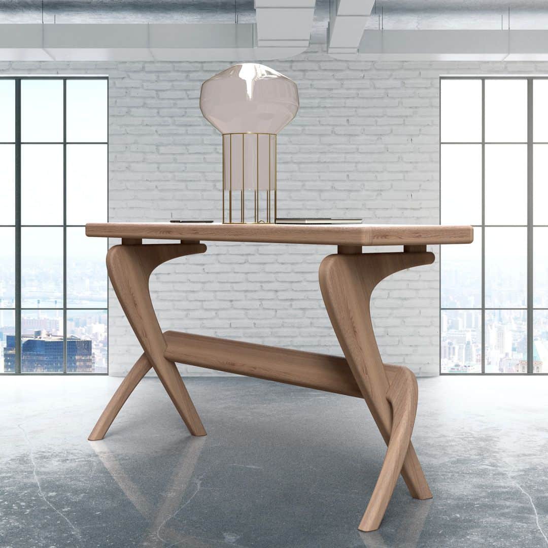 A small, rectangular wooden table featuring a light wood tone and distinctive, elegantly curved legs… — 3D model